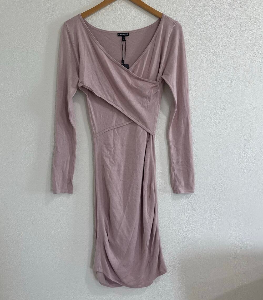 NWT Expres Faux Wrap Surplice Long Sleeve Sheath Dress Mauve Pink Medium